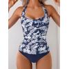 imageEomenie Womens Halter Tankini Bathing Suit Ruched Tummy Control Two Piece Swimsuit with BottomNavy Blue Leaf