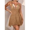 imageEomenie Womens Swimsuit Coverup Crochet V Neck Beach Cover Up Sexy Backless Mini DressKhaki