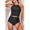imageEomenie Womens Tankini Swimsuit Tummy Control Halter Slimming Two Piece Bathing Suit with High Waisted BottomBlack