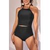 imageEomenie Womens Tankini Swimsuit Tummy Control Halter Slimming Two Piece Bathing Suit with High Waisted BottomBlack