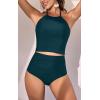 imageEomenie Womens Tankini Swimsuit Tummy Control Halter Slimming Two Piece Bathing Suit with High Waisted BottomDark Green