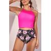 imageEomenie Womens Tankini Swimsuit Tummy Control Halter Slimming Two Piece Bathing Suit with High Waisted BottomHot Pink  Floral Print