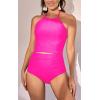 imageEomenie Womens Tankini Swimsuit Tummy Control Halter Slimming Two Piece Bathing Suit with High Waisted BottomHot Pink