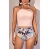 imageEomenie Womens Tankini Swimsuit Tummy Control Halter Slimming Two Piece Bathing Suit with High Waisted BottomLight Pink  Leaf Print