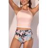 imageEomenie Womens Tankini Swimsuit Tummy Control Halter Slimming Two Piece Bathing Suit with High Waisted BottomLight Pink  Leaf Print