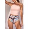 imageEomenie Womens Tankini Swimsuit Tummy Control Halter Slimming Two Piece Bathing Suit with High Waisted BottomLight Pink  Leaf Print