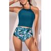 imageEomenie Womens Tankini Swimsuit Tummy Control Halter Slimming Two Piece Bathing Suit with High Waisted BottomPeacock Blue  Print1