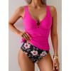 imageEomenie Womens Tankini Swimsuit Two Piece Tummy Control Bathing Suit V Neck Ring Linked Swimwear with High Waisted BottomsHot Pink and Floral