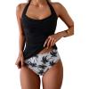 imageEomenie Womens Halter Tankini Bathing Suit Ruched Tummy Control Two Piece Swimsuit with BottomBlack Printed