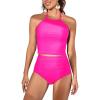 imageEomenie Womens Tankini Swimsuit Tummy Control Halter Slimming Two Piece Bathing Suit with High Waisted BottomHot Pink