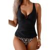 imageEomenie Womens Tankini Swimsuit Two Piece Tummy Control Bathing Suit V Neck Ring Linked Swimwear with High Waisted BottomsBlack and Leopard