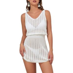 imageEomenie Womens Bathing Suit Coverup Dress Crochet Hollow Out V Neck Vacation Beach Cover Up 2024White 01