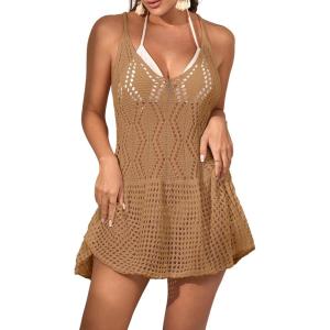 imageEomenie Womens Swimsuit Coverup Crochet V Neck Beach Cover Up Sexy Backless Mini DressKhaki