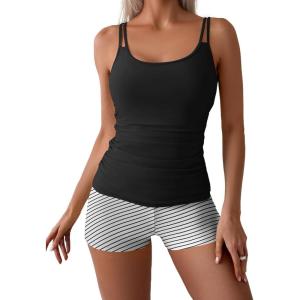 imageEomenie Womens Swimsuit Tankini Set Modest Tummy Control Slimming Bathing Suits Two Piece Swim Suit with High Waisted ShortBlack Stripe