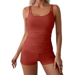 imageEomenie Womens Swimsuit Tankini Set Modest Tummy Control Slimming Bathing Suits Two Piece Swim Suit with High Waisted ShortRed Brown