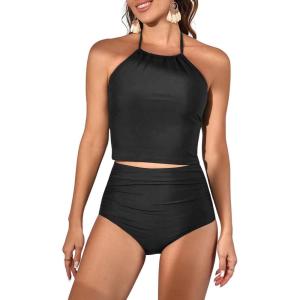 imageEomenie Womens Tankini Swimsuit Tummy Control Halter Slimming Two Piece Bathing Suit with High Waisted BottomBlack