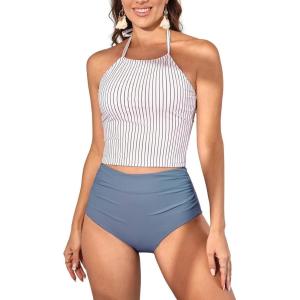 imageEomenie Womens Tankini Swimsuit Tummy Control Halter Slimming Two Piece Bathing Suit with High Waisted BottomBlue Striped