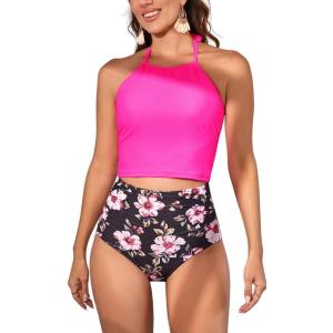 imageEomenie Womens Tankini Swimsuit Tummy Control Halter Slimming Two Piece Bathing Suit with High Waisted BottomHot Pink  Floral Print
