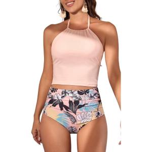 imageEomenie Womens Tankini Swimsuit Tummy Control Halter Slimming Two Piece Bathing Suit with High Waisted BottomLight Pink  Leaf Print
