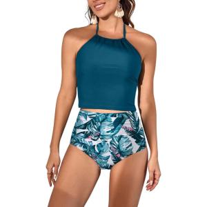 imageEomenie Womens Tankini Swimsuit Tummy Control Halter Slimming Two Piece Bathing Suit with High Waisted BottomPeacock Blue  Print1