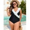 imageEomenie One Piece Plus Size Tummy Control Swimsuit for Women Slimming Bathing Suits Ruffle V Neck Swim Suit SwimwearBlack and White