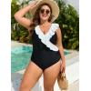 imageEomenie One Piece Plus Size Tummy Control Swimsuit for Women Slimming Bathing Suits Ruffle V Neck Swim Suit SwimwearBlack and White