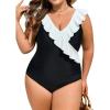 imageEomenie One Piece Plus Size Tummy Control Swimsuit for Women Slimming Bathing Suits Ruffle V Neck Swim Suit SwimwearBlack and White
