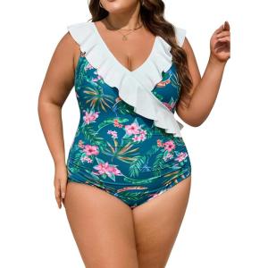 imageEomenie One Piece Plus Size Tummy Control Swimsuit for Women Slimming Bathing Suits Ruffle V Neck Swim Suit SwimwearBlue Pink Floral