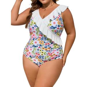 imageEomenie One Piece Plus Size Tummy Control Swimsuit for Women Slimming Bathing Suits Ruffle V Neck Swim Suit SwimwearYellow Pink Floral