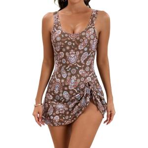 imageEomenie One Piece Swimdress Swimsuits for Women Tummy Control Swim Dresses Skirt Bathing SuitBrown Floral Printed
