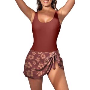 imageEomenie One Piece Swimdress Swimsuits for Women Tummy Control Swim Dresses Skirt Bathing SuitCaramel Print