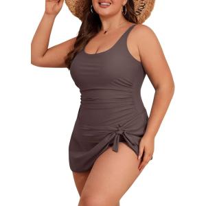 imageEomenie Plus Size Swimdress for Women One Piece Swimsuit Tummy Control Swim Dresses Skirt Bathing SuitCoffee