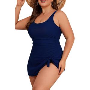 imageEomenie Plus Size Swimdress for Women One Piece Swimsuit Tummy Control Swim Dresses Skirt Bathing SuitDeep Blue