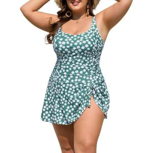imageEomenie Plus Size Swimdress for Women One Piece Swimsuit Tummy Control Swim Dresses Skirt Bathing SuitGreen Floral