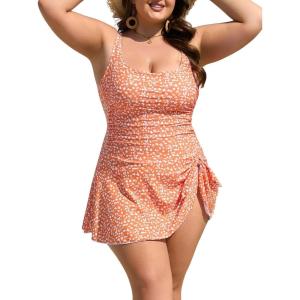 imageEomenie Plus Size Swimdress for Women One Piece Swimsuit Tummy Control Swim Dresses Skirt Bathing SuitOrange Floral