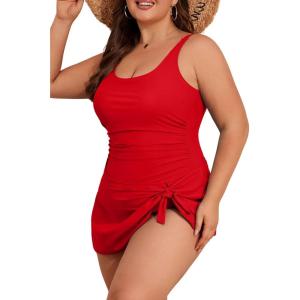 imageEomenie Plus Size Swimdress for Women One Piece Swimsuit Tummy Control Swim Dresses Skirt Bathing SuitRed