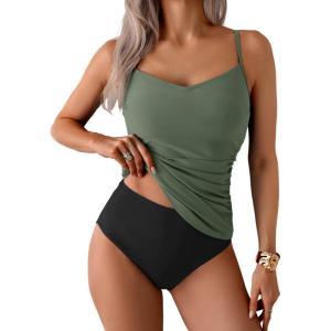 imageEomenie Tankini Swimsuits for Women Two Piece Tummy Control Bathing Suit Slimming Modest Swimwear with High Waisted BottomArmy Green Black