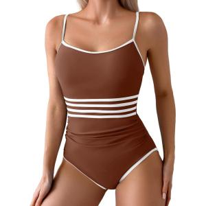 imageEomenie Womens One Piece Swimsuit Tummy Control Bathing Suit Spaghetti Strap Color Block Swim Suit 1 Piece Slim SwimwearBrown and White