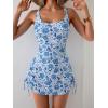 imageEomenie Womens One Piece Swimdress Swimsuit with Drawstring Tummy Control Bathing Suits Push Up Swim Dresses with BottomLight Blue Whie Printed