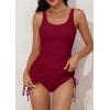 imageEomenie Womens One Piece Swimdress Swimsuit with Drawstring Tummy Control Bathing Suits Push Up Swim Dresses with BottomWine Red