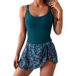 imageEomenie One Piece Swimdress Swimsuits for Women Tummy Control Swim Dresses Skirt Bathing SuitPeacock Green Print