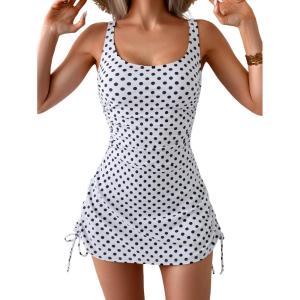 imageEomenie Womens One Piece Swimdress Swimsuit with Drawstring Tummy Control Bathing Suits Push Up Swim Dresses with BottomBlack White Dots