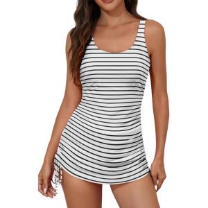 imageEomenie Womens One Piece Swimdress Swimsuit with Drawstring Tummy Control Bathing Suits Push Up Swim Dresses with BottomStripe