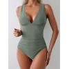imageEomenie Womens One Piece Swimsuit Slimming Tummy Control Bathing Suit Wide Straps Plunge V Neck SwimwearArmy Green