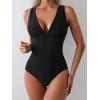 imageEomenie Womens One Piece Swimsuit Slimming Tummy Control Bathing Suit Wide Straps Plunge V Neck SwimwearBlack