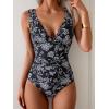 imageEomenie Womens One Piece Swimsuit Slimming Tummy Control Bathing Suit Wide Straps Plunge V Neck SwimwearBlack White Print
