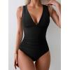 imageEomenie Womens One Piece Swimsuit Slimming Tummy Control Bathing Suit Wide Straps Plunge V Neck SwimwearBlackribbed