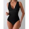 imageEomenie Womens One Piece Swimsuit Slimming Tummy Control Bathing Suit Wide Straps Plunge V Neck SwimwearBlackribbed