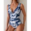imageEomenie Womens One Piece Swimsuit Slimming Tummy Control Bathing Suit Wide Straps Plunge V Neck SwimwearBlue White Print