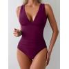 imageEomenie Womens One Piece Swimsuit Slimming Tummy Control Bathing Suit Wide Straps Plunge V Neck SwimwearBurgundy